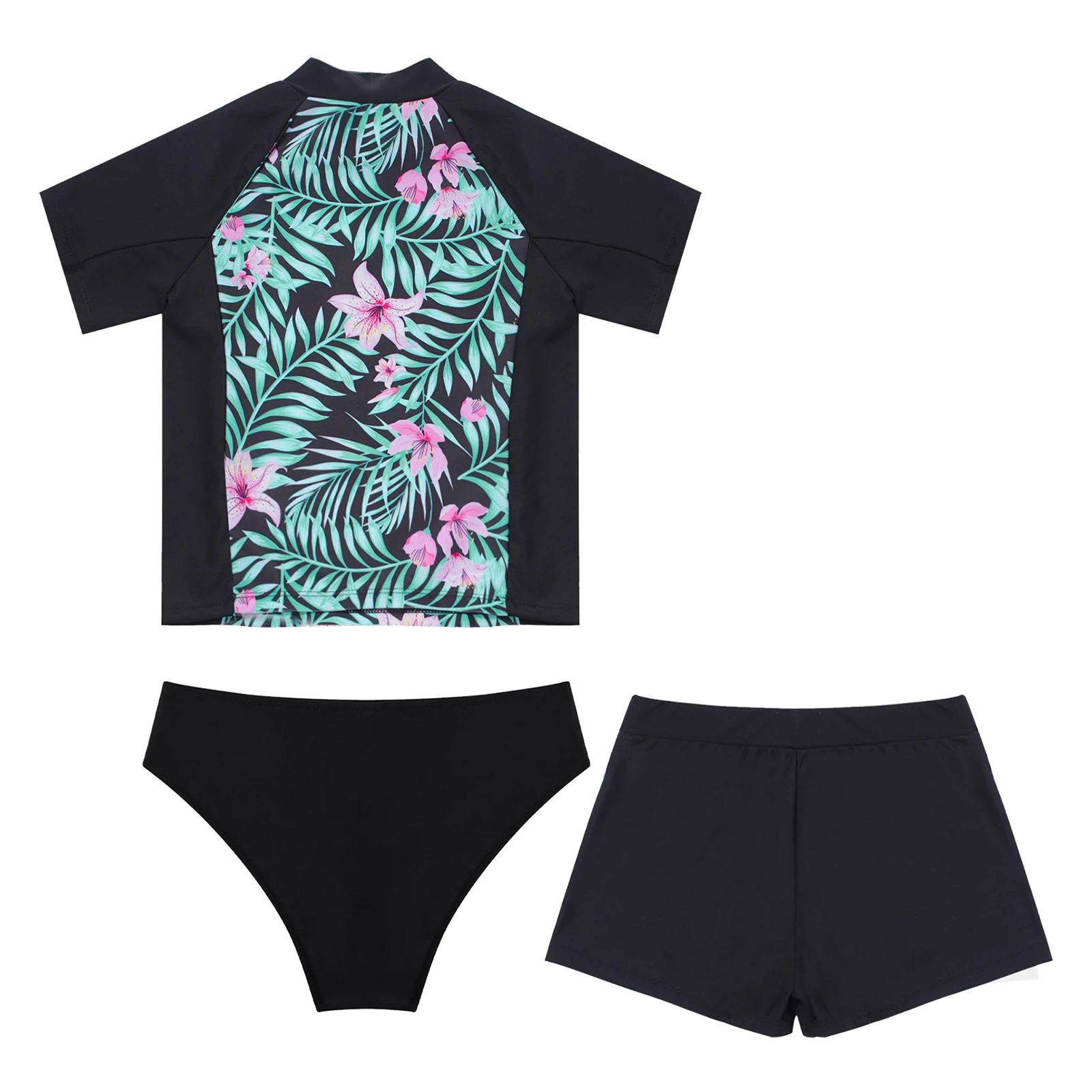 Kids Girls UV Swimsuit 3-Piece Swimming Set Sun Protection Short Sleeve T-shirts Top and Boy Shorts Bikini Briefs Swim Suits