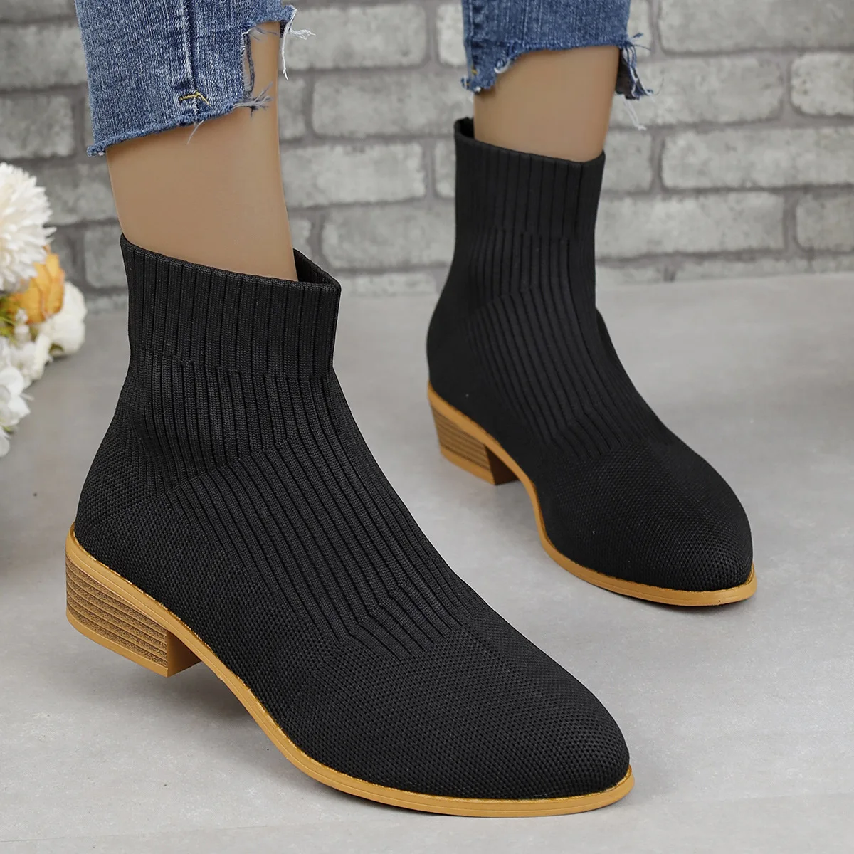 Ankle Sock Boots for Women Fashion Medium Heel Pointed Toe Knitted Short Chelsea Boots Female Casual Heeled Shoes Footwear Pumps