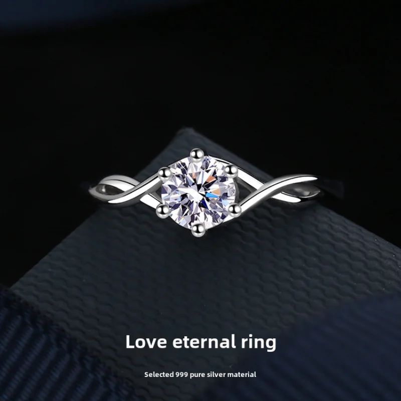 

New Girl S999 Pure Silver Jewelry 50 Cent Mozambique Diamond Ring Open Ring Luxury Couple Wedding Proposal