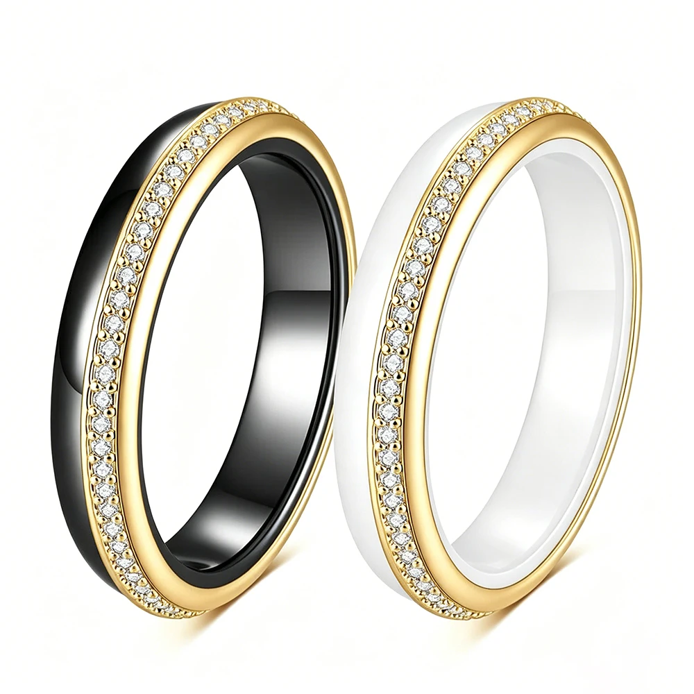 Fashionable black and white ceramic 4MM rings, simple and modern female couple micro-inlaid zircon couple rings
