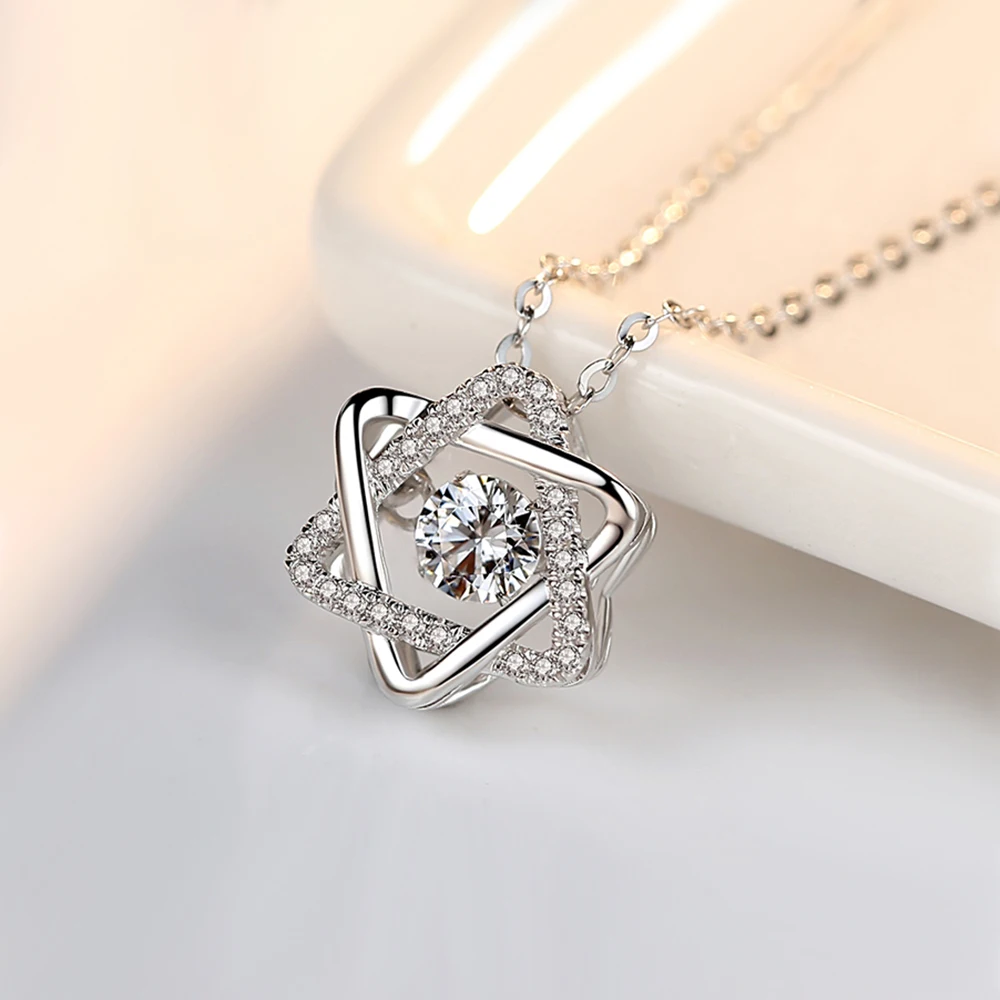 100% S925 Sterling Silver Lady Cubic Zirconia Pendant Necklace Five-pointed Star Necklace Six-pointed Star Clavicle Chain Gift