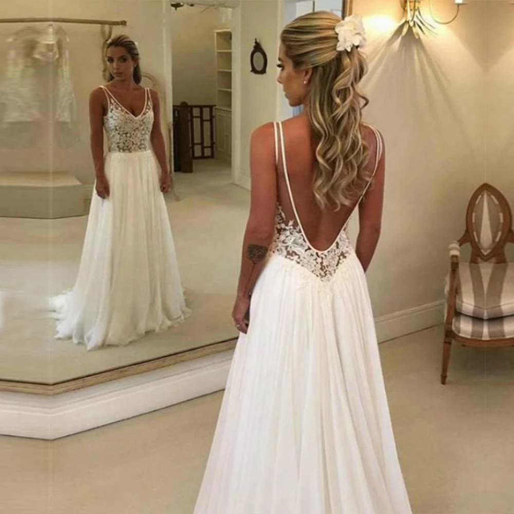 Customized ZJ6007  V Neck Boho Ivory Wedding Dresses For Women Lace Top A Line Sexy Backless Bride Bridal Gown 2025