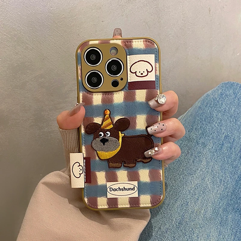 Lovely Embroidered Puppy Dog Leather Drum Bag Case For iPhone 11 12 13 14 15 16 17 Pro Max Shockproof Phone Back Cover