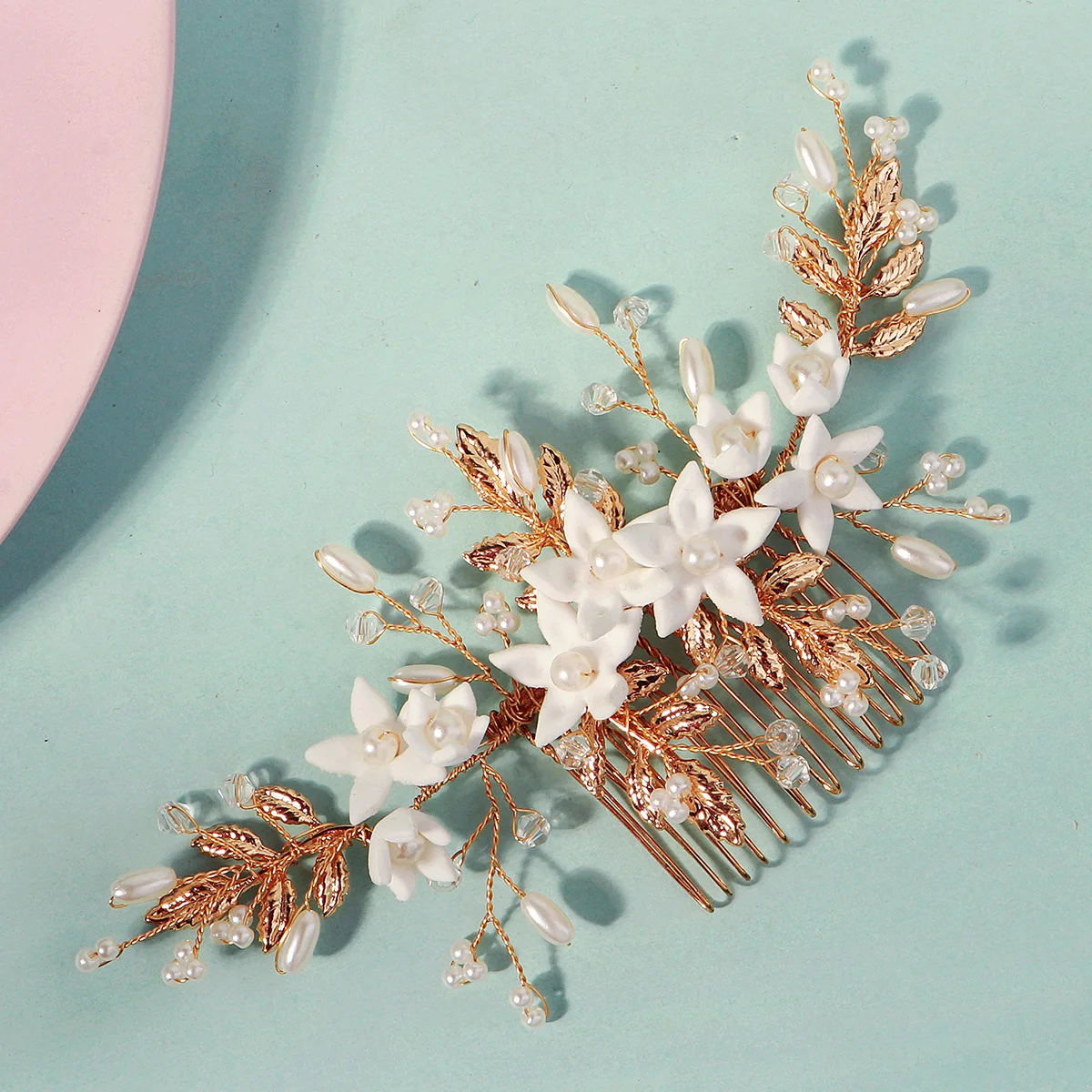 Elegante weiße Polymer Clay Blumen Damen Haarkämme Mode Kristall Perle Haarnadeln Braut Hochzeit Kopfschmuck Schmuck – Detail 28