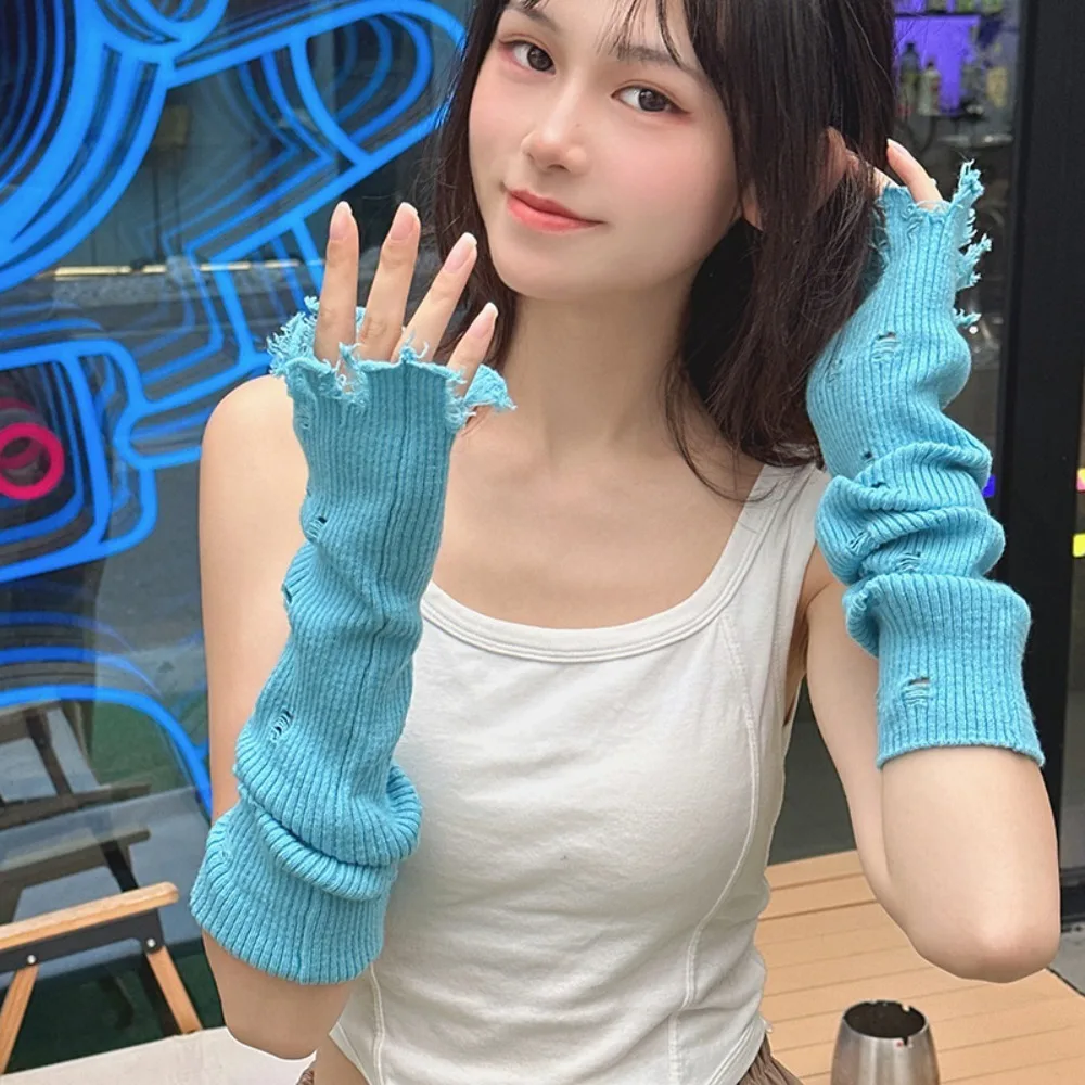 Mangas de brazo rasgadas de punto de estilo coreano, guantes largos sin dedos con agujeros Y2k, fundas de brazo cálidas para niña dulce y picante, ropa de calle Linda