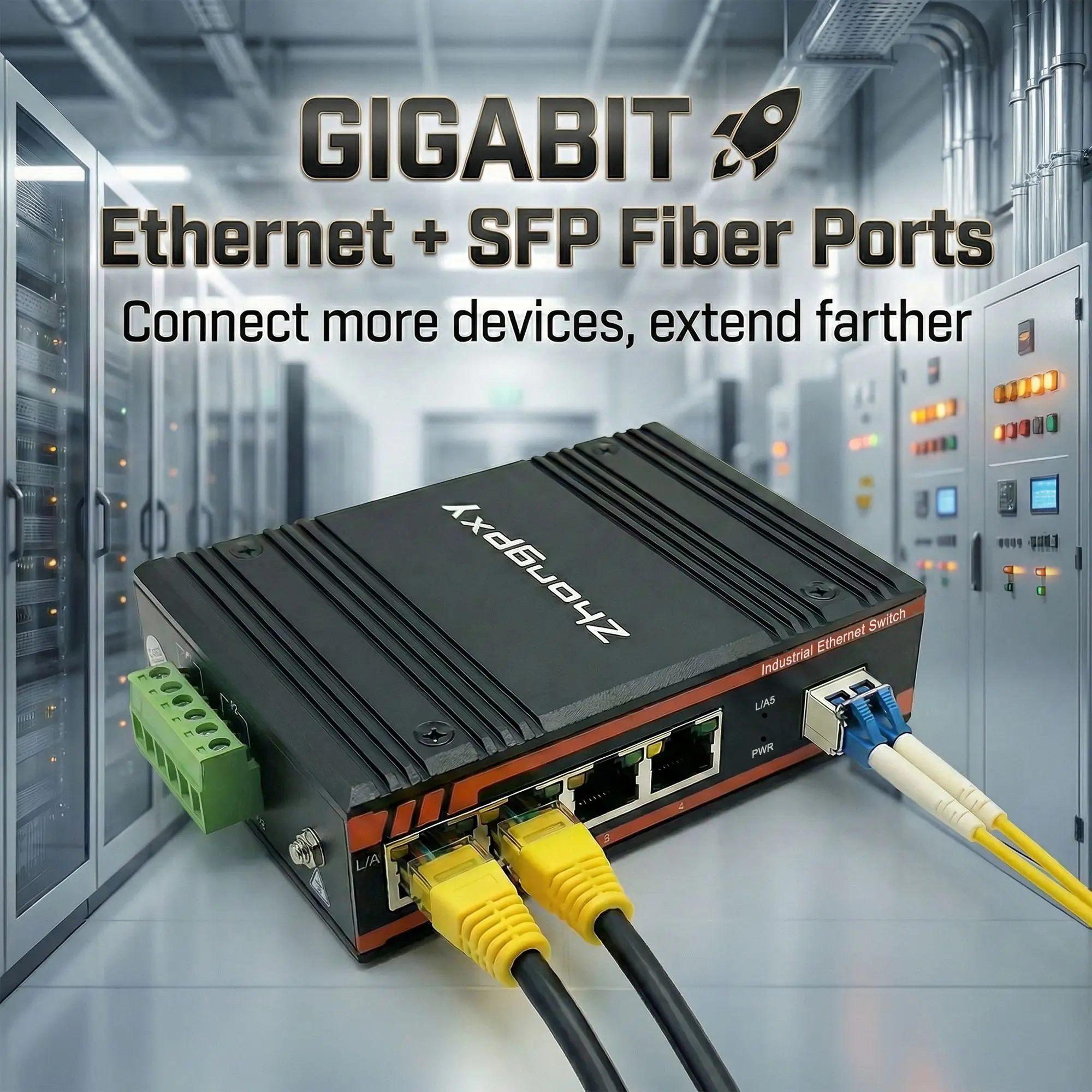 Industrial Ethernet Switch 4×Gigabit RJ45 + 1×SFP Fiber | 5-Port Unmanaged DIN-Rail Switch | IP40 Aluminum |12–52V DC|-40~80℃