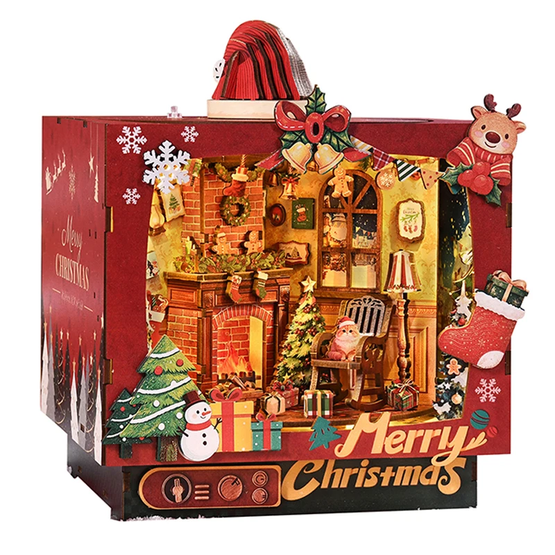 DIY Wooden Miniature Model Kits Christmas Music Box Cottage 3D Puzzle Dollhouse With Furniture for Friends Birthday Gifts