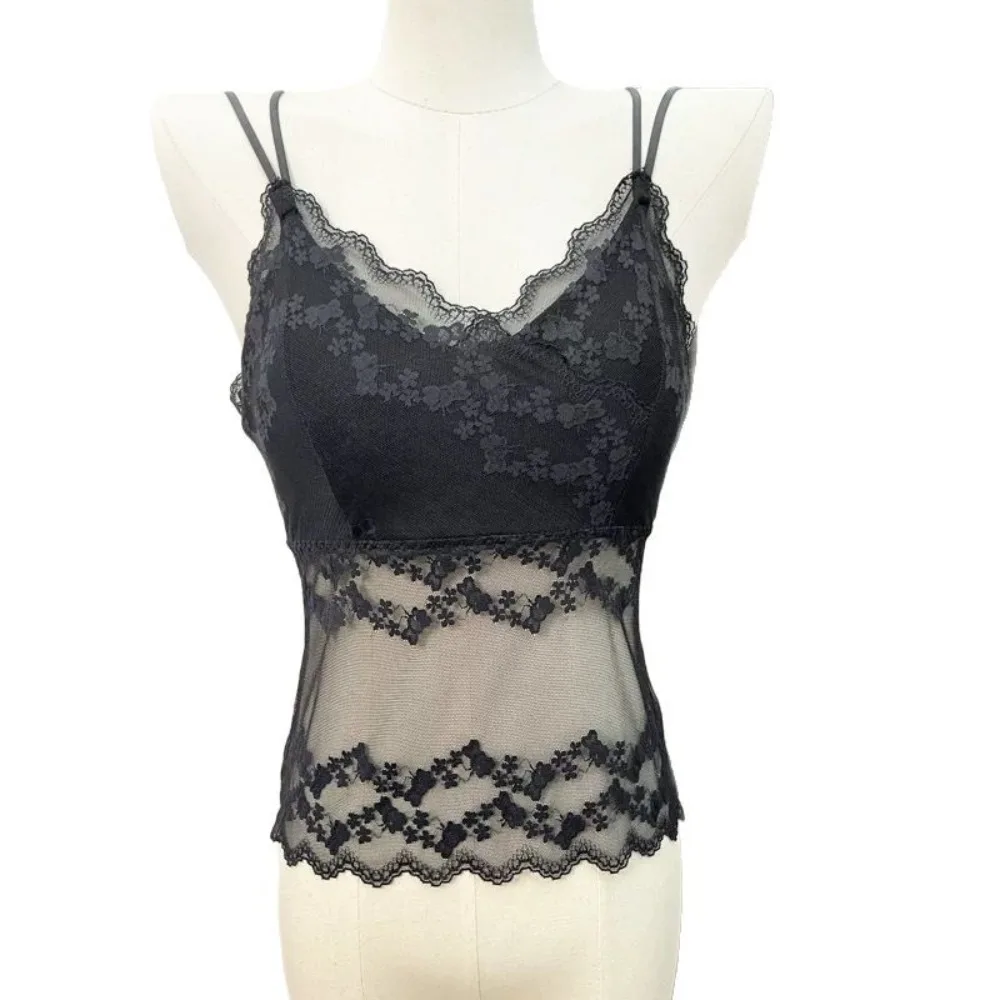 

Sweet V Neck Lace Camisole Mesh Transparent Slim Fit Lace Crop Tops Underwear Thin Vest for Women Summer