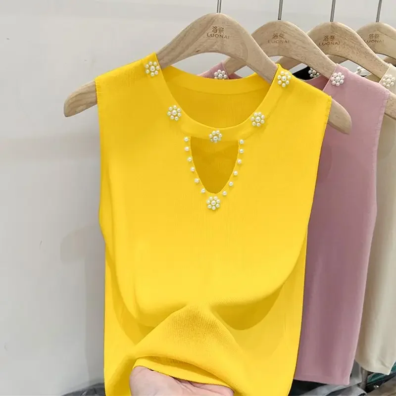 Hollow Out Knitted Suspender Small Tank Top Women Summer 2026 New Stud Pearl Beading Sleeveless Slim Fitting Top