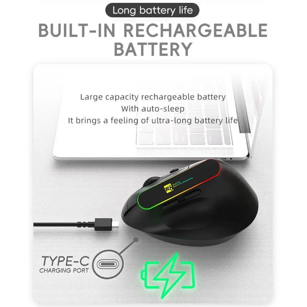 Nuovo mouse da gioco verticale luminoso ergonomico wireless 2.4G + Bluetooth ricaricabile dual-mode Mouse MX muto ottico sano per ufficio