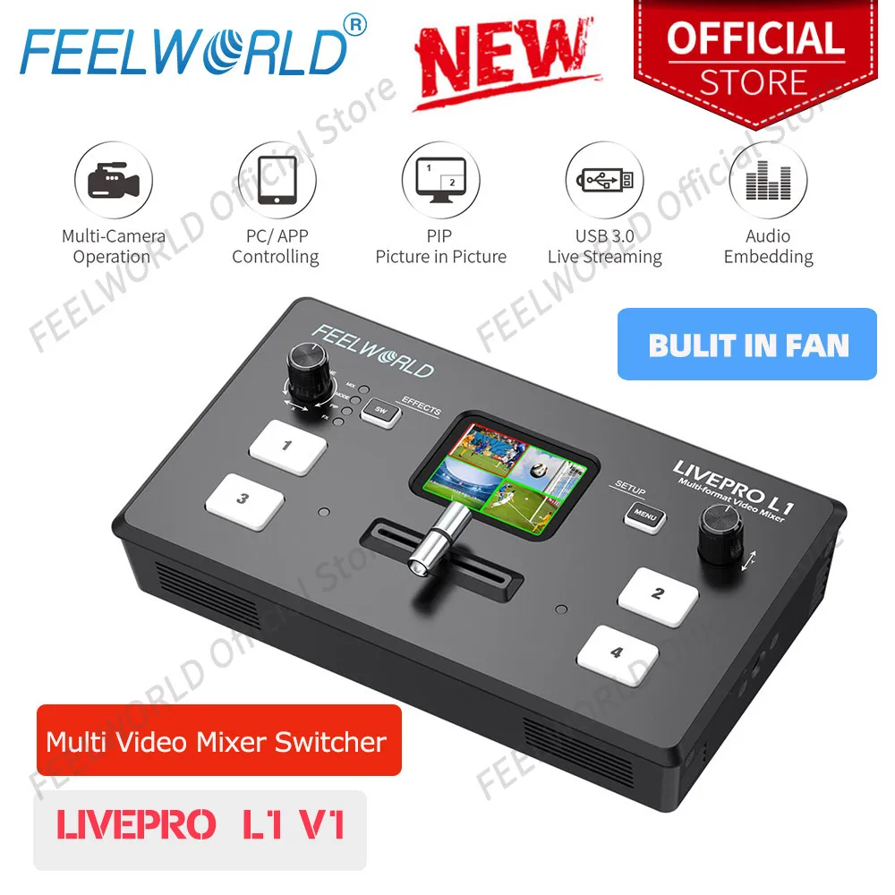 FEELWORLD LIVEPRO L1 V1 Multi Format Video Switcher Live Streaming Studio Record 4xHDMI Input HDMI USB3.0 Preview Camera Youtube