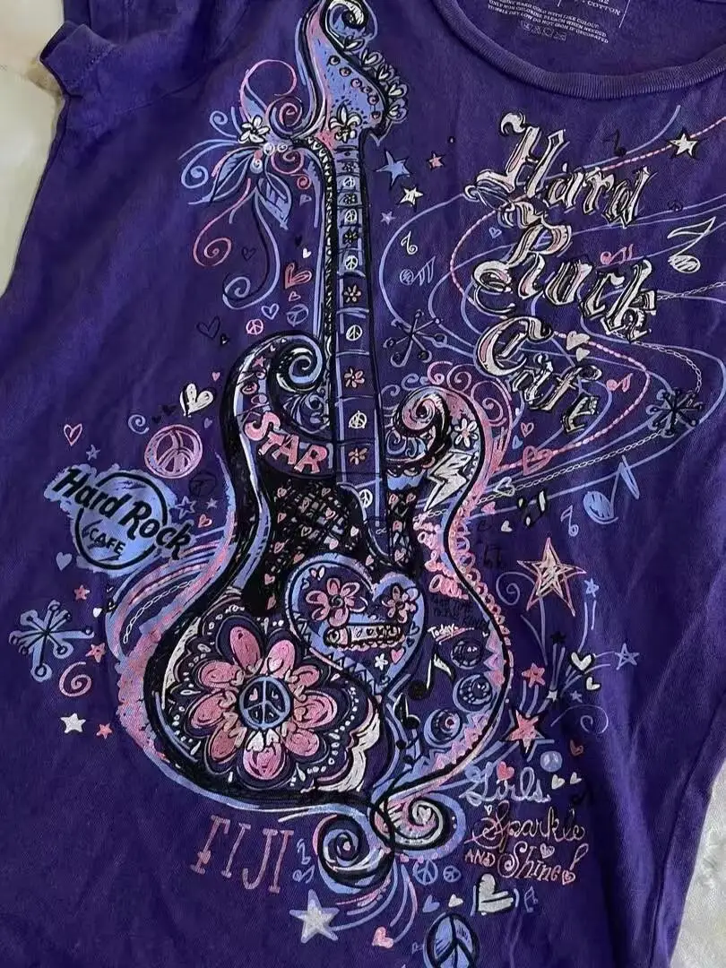 女性のサブカルチャーヴィンテージパープルプリント Tシャツ夏 Y2k アメリカンレトロスリム Tシャツカジュアル原宿グランジファッショントップス新しい