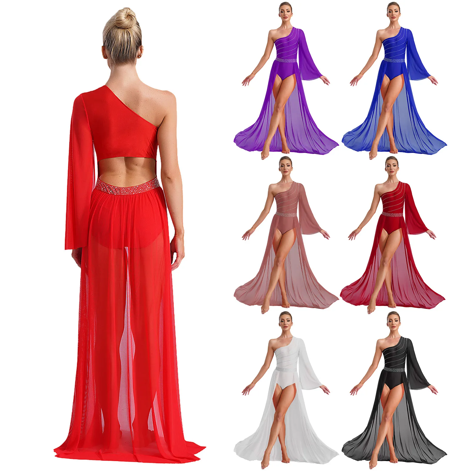 

Women Girls Flared Sleeve Tango Waltz Modern Ballroom Contemporary Dance Clothes Ballet Dancewear Competition Dress Performance