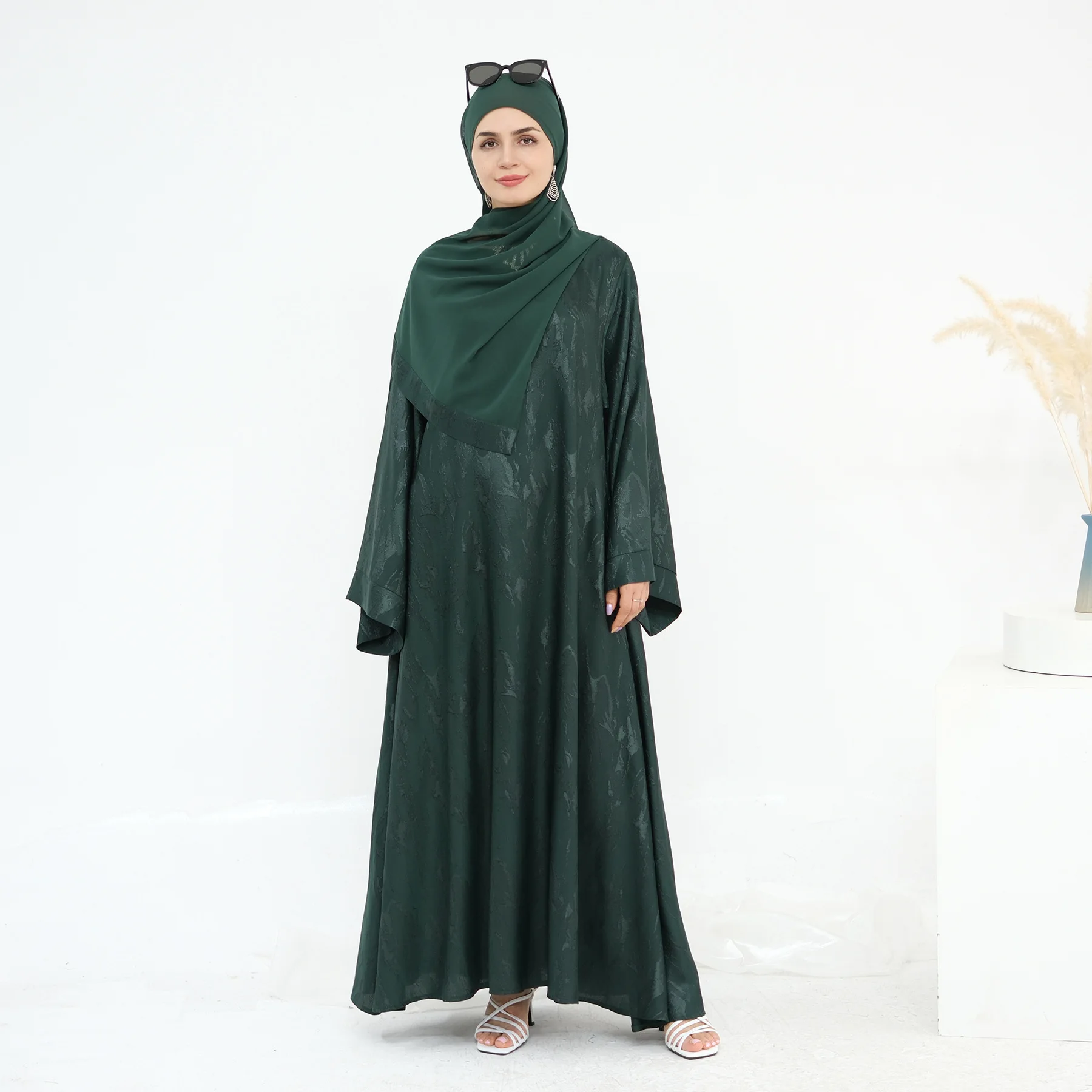 Mode musulmane 2 pièces robe écharpe ensemble femmes lisse Jacquard caftan robe grande taille Abaya Hijab ensembles musulman islamique vêtements costume