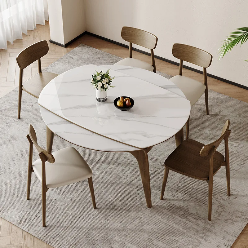 

Light luxury simple solid wood folding rock slab dining table retractable round household small apartment Nordic solid wood full