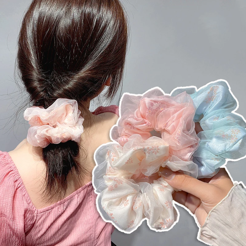 

Double Layered Mesh Scrunchie Korea Large Organza Floral Peinted Elastic Hair Rope Sweet Ponytail Holder hair ties Accessories