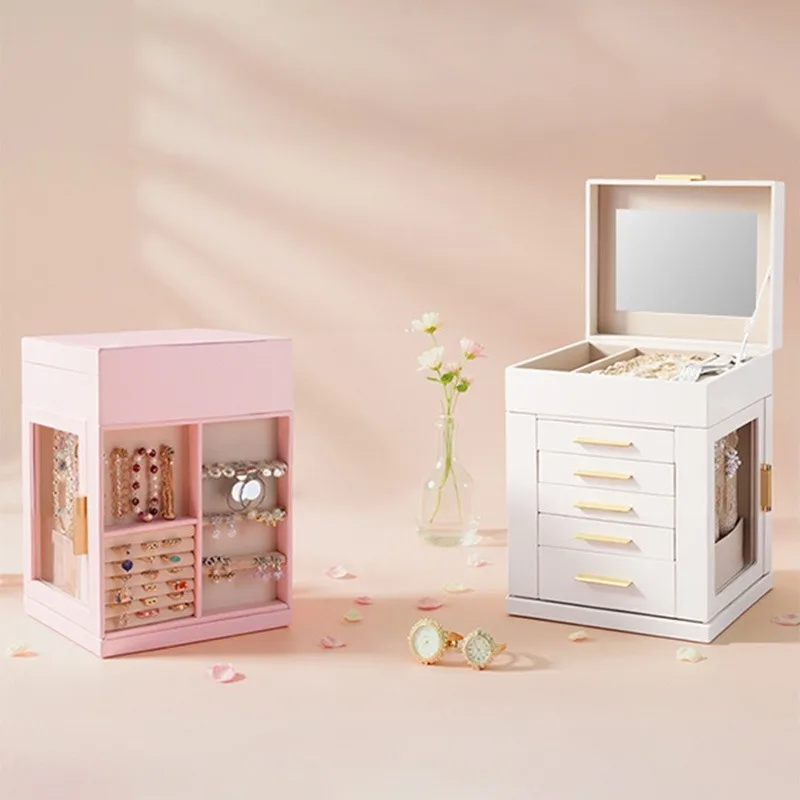

Leather Jewelry Box Luxury Ring Earring Storage Boxes Large Rotating Necklace Bracelet Display Case Jewellery Organizer Supplies