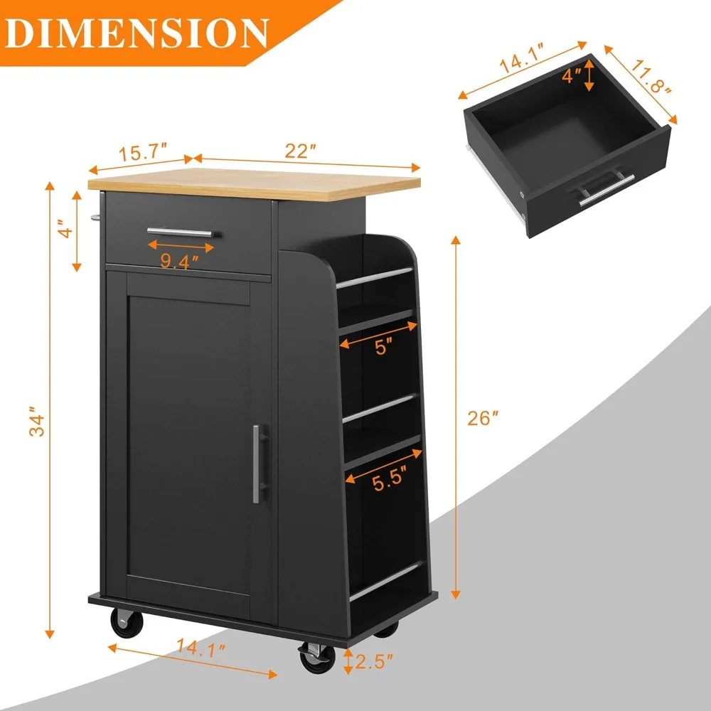 Wheel Driven Small Kitchen Island with 3 Layers of Side Seasoning Racks and Rubber Wood Top, Handcart with Storage Cabinet