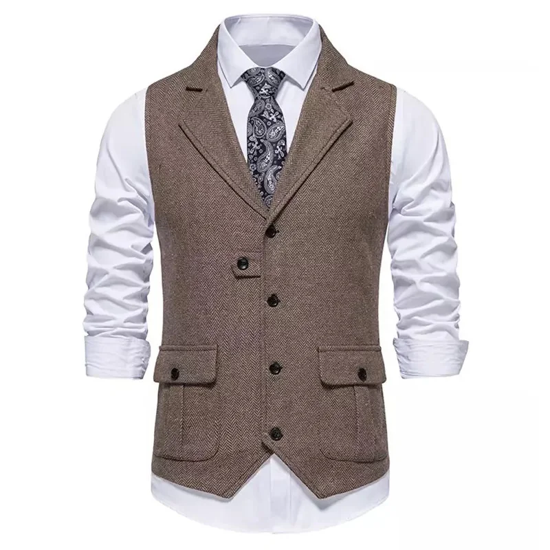 

Men's Suit Vest Western Herringbone Suit Tuxedo Vest Tweed Wool Blend Waistcoat Slim Fit Brown Blazer Vest with 2 Flap Pocket