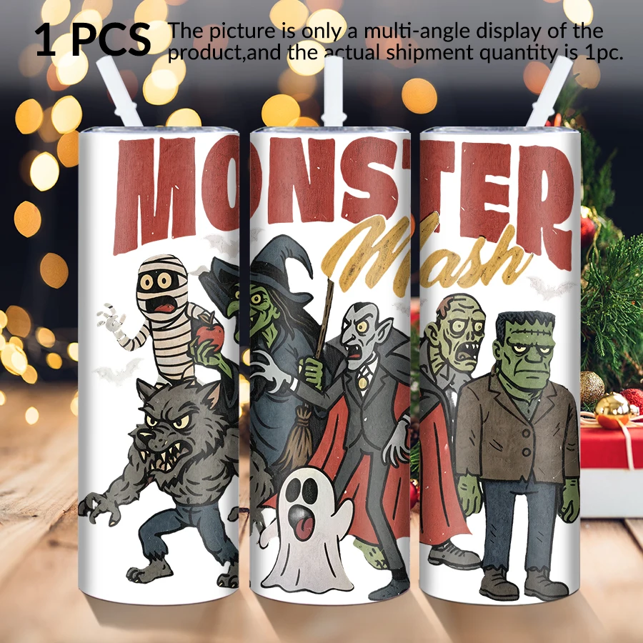1pc 20Oz stainless steel straight cup with straw cover Christmas zombie elements suitable for Christmas and Halloween as gifts.