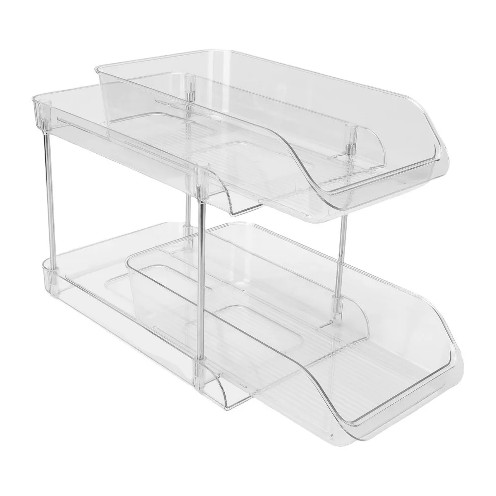 PET Under Sink Organizer 2 Tier Pull Out Design Pull Out Storage Shelf Multi Purpose Transparent CD Holder Stand Kitchen Storage