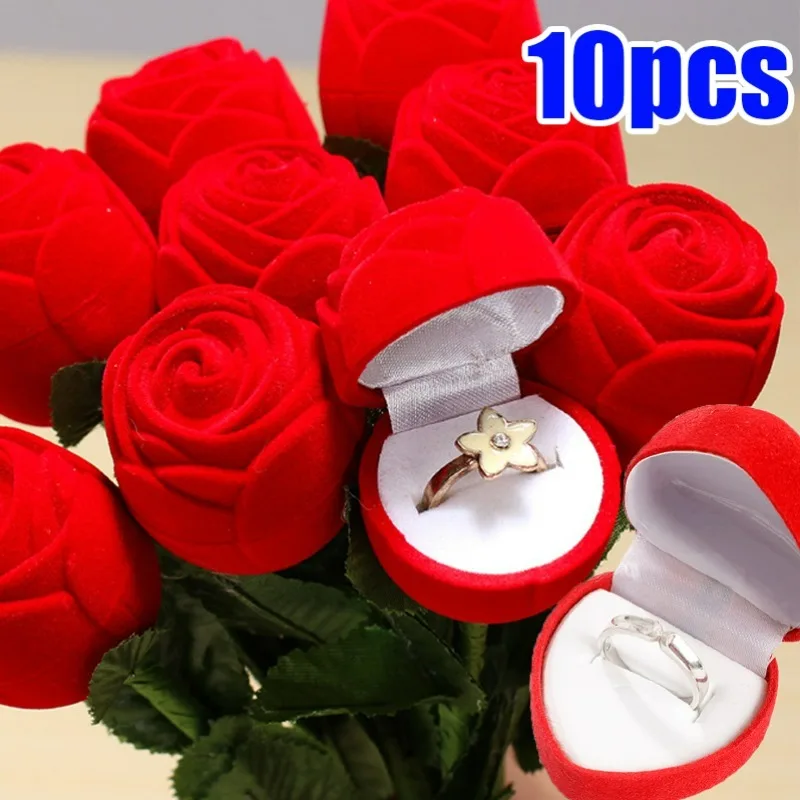 10pcs Rose Flower Ring Jewelry Storage Boxes Flocking Heart-shaped Wedding Rings Box Valentine Day Gifts Jewlery Packaging Boxes