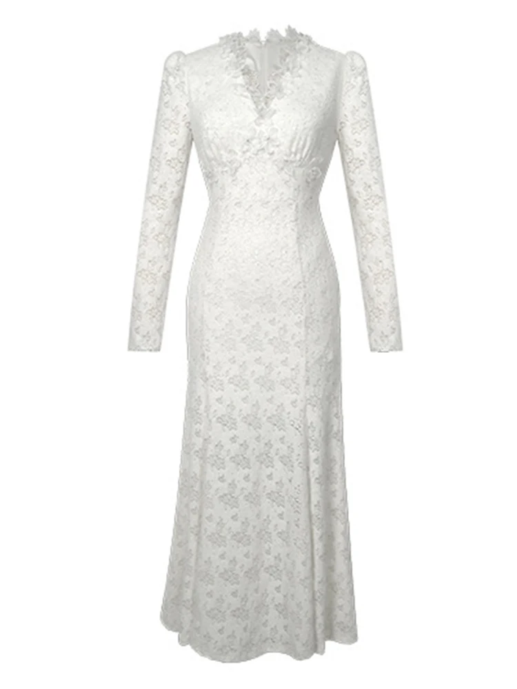 여성의 부드러운 우아한 긴 드레스 여성을위한 달콤한 연예인 화이트 다이아몬드 쉬어 레이스 Fishtail 가운 여성 파티 연회 Vestidos