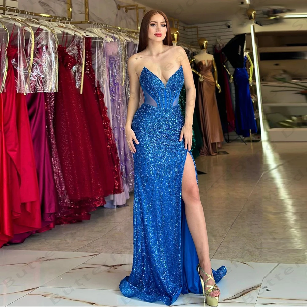 Abiti da ballo da donna blu reale Sexy senza maniche con spalle scoperte Glitter sirena principessa abiti da sera abiti da festa formale De Soirée