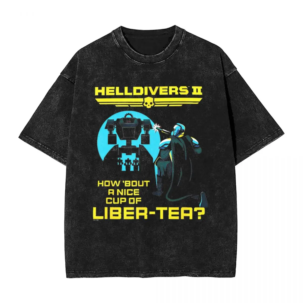 Washed T Shirts Helldivers 2 A Nice Cup Of Liber T-Shirts Oversize Streetwear Short Sleeve Printed Tops Tee Shirt Men Women