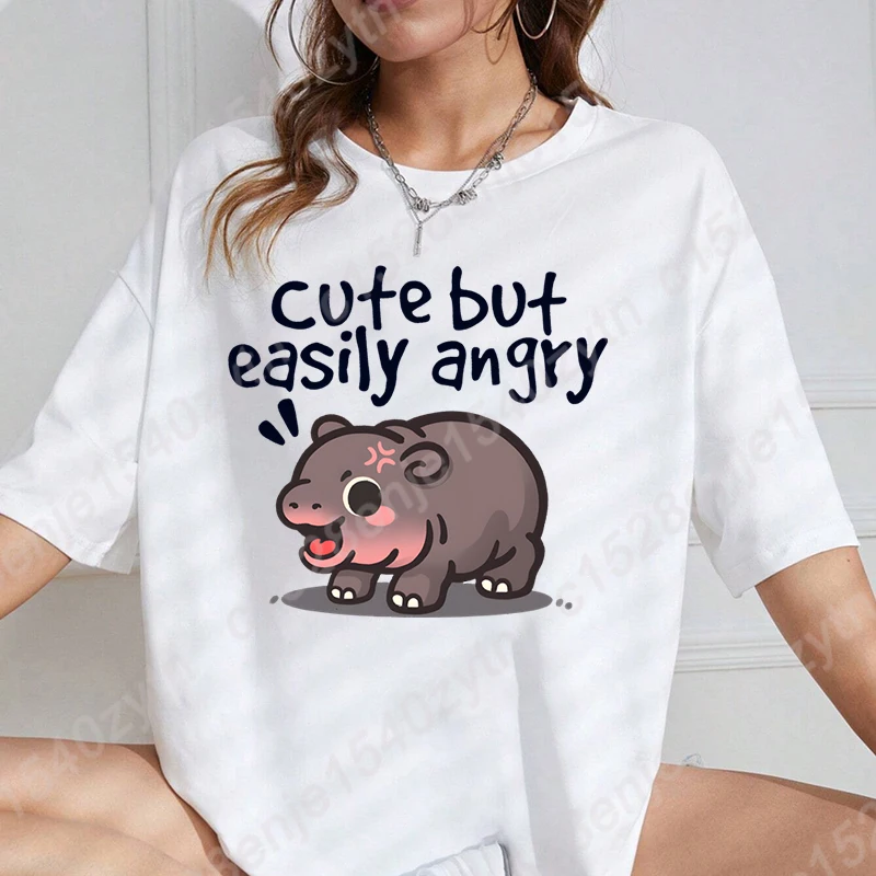 Hippo & Cute But Easily Angry Letter Print T-Shirts Short Sleeve Tee Shirts Casual Summer Ladies Tops Women Oversized T-shirt