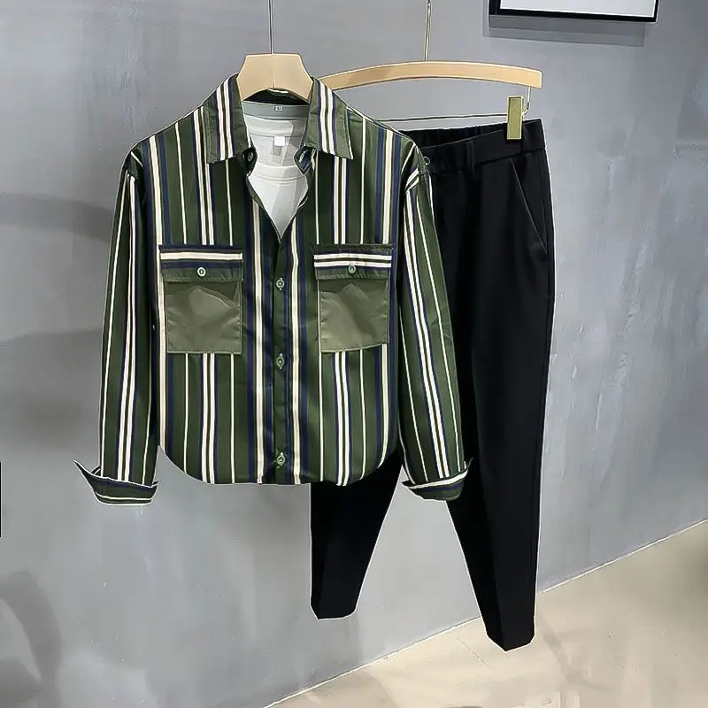 

Fashion Color-blocking Striped Men New Splicing Square Collar Button Pockets Loose and Versatile Casual Long-sleeved Shirts
