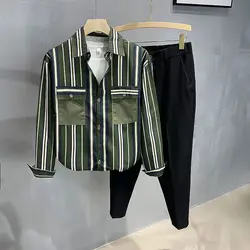 Fashion Color-blocking Striped Men New Splicing Square Collar Button Pockets Loose and Versatile Casual Long-sleeved Shirts