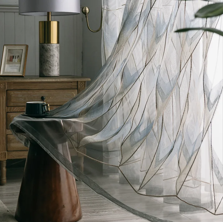 Modern Simple Embroidered Elegant Geometric Pattern Gauze Curtains Living Room Bedroom Curtains