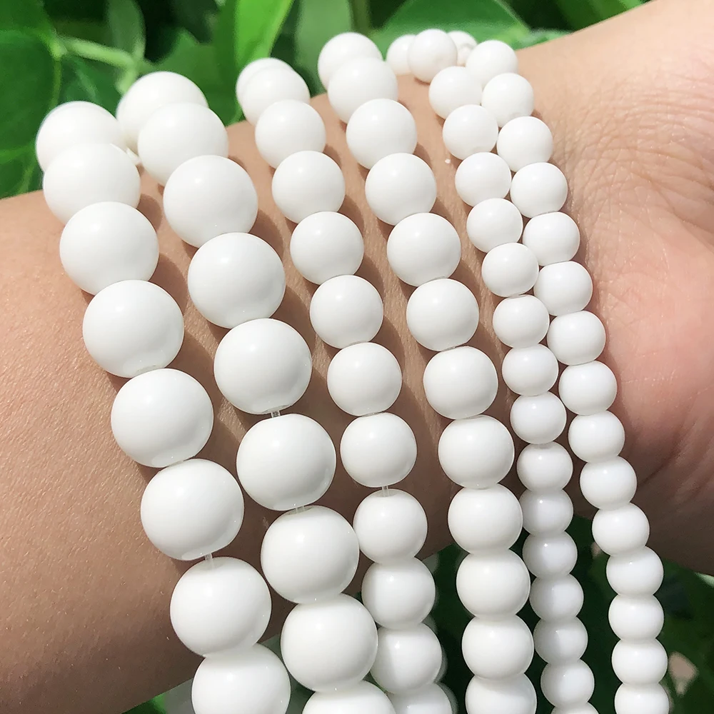 Natural Stone White Onyx Agates Smooth Round Loose Spacer Beads for Jewelry Making DIY Bracelet Neckalce 15\