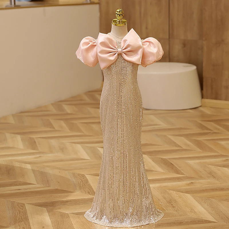 

Exquisite Sequin Floor-Length Flower Girl Dress Luxury O-Neck Puff Sleeve Evening Dresses Bow Formal Prom Gown for 2-12Y Kids