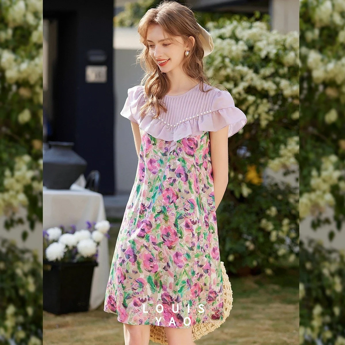 เดรสลุยเซียว ลายดอกไม้หวานสดใส สำหรับผู้หญิง คอลเลคชั่นฤดูร้อน 2025 คอกลม แต่งระบายชายกระโปรงยาว ประดับกระดุมลูกปัด ทรงเอไลน์