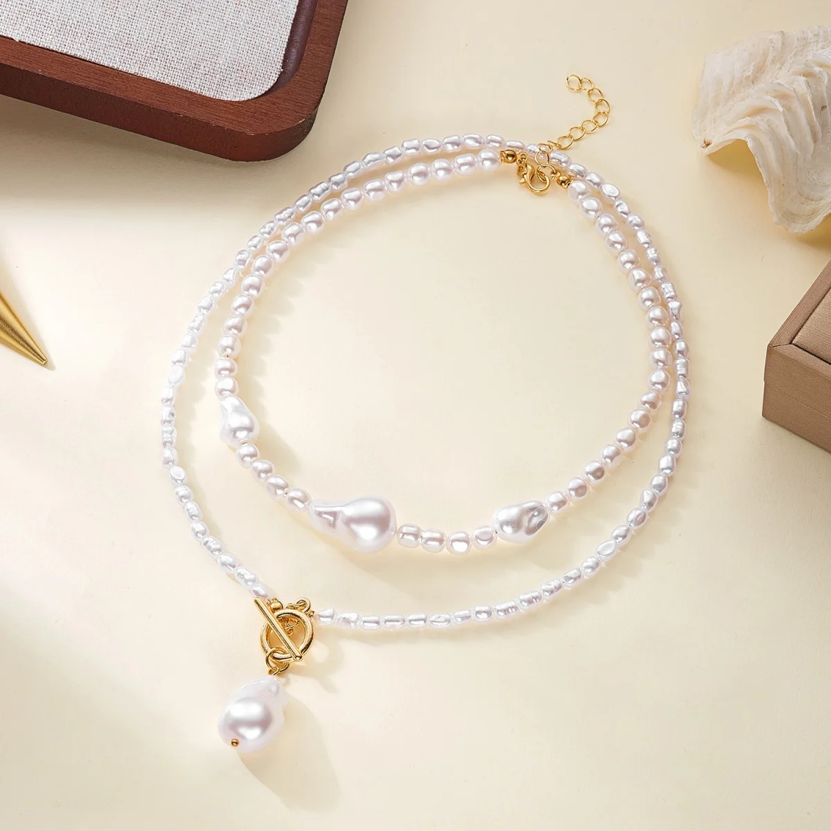 Minimalistische barocke unregelmäßige Imitationsperlen-CCB-Perlen-Anhänger-Halskette für Damen und Herren, mehrschichtige Perlen-Halskette, stapelbarer Choker-Schmuck – Detail 20