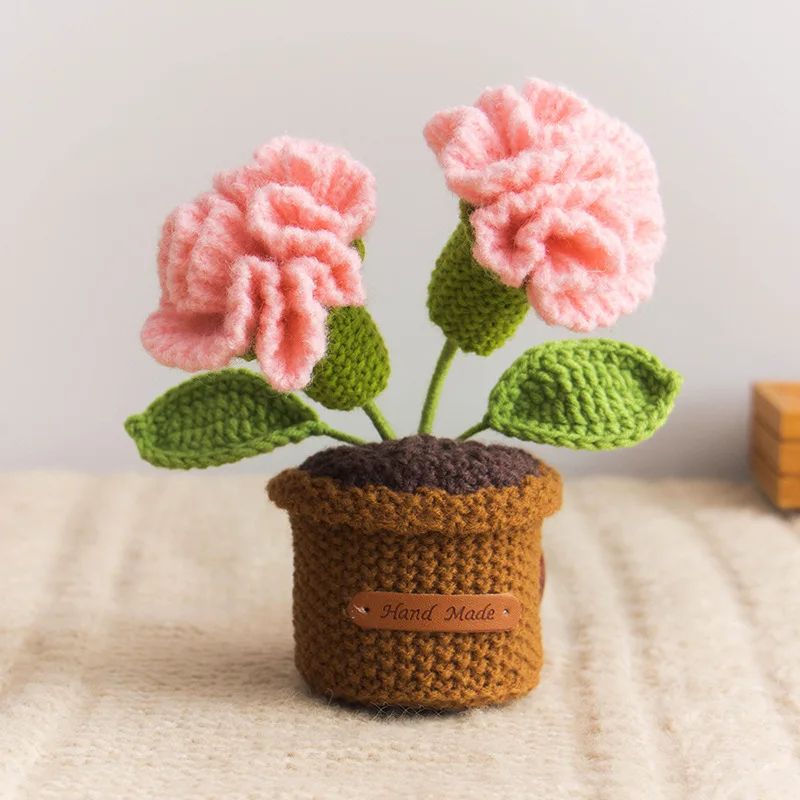 Ręcznie robione szydełkowe goździki w doniczkach, wykończony bukiet z roślin sztucznych, dekoracja na biurko, prezenty na Boże Narodzenie i ukończenie szkoły