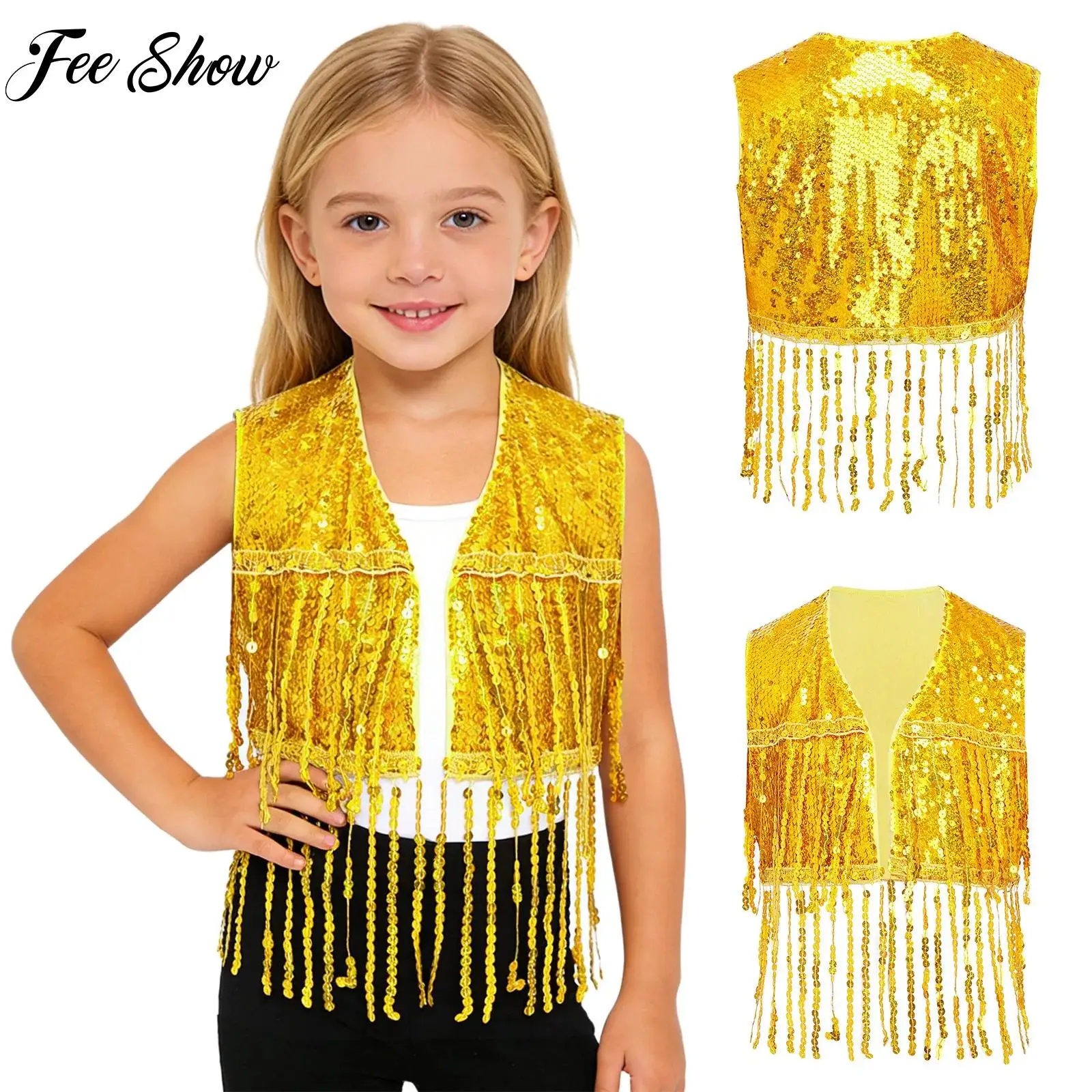 

Girls Sequin Tassel Dance Vest Sleeveless Open Front Fringed Crop Top Waistcoat for Jazz Latin Dancewear Themed Party Dress-up
