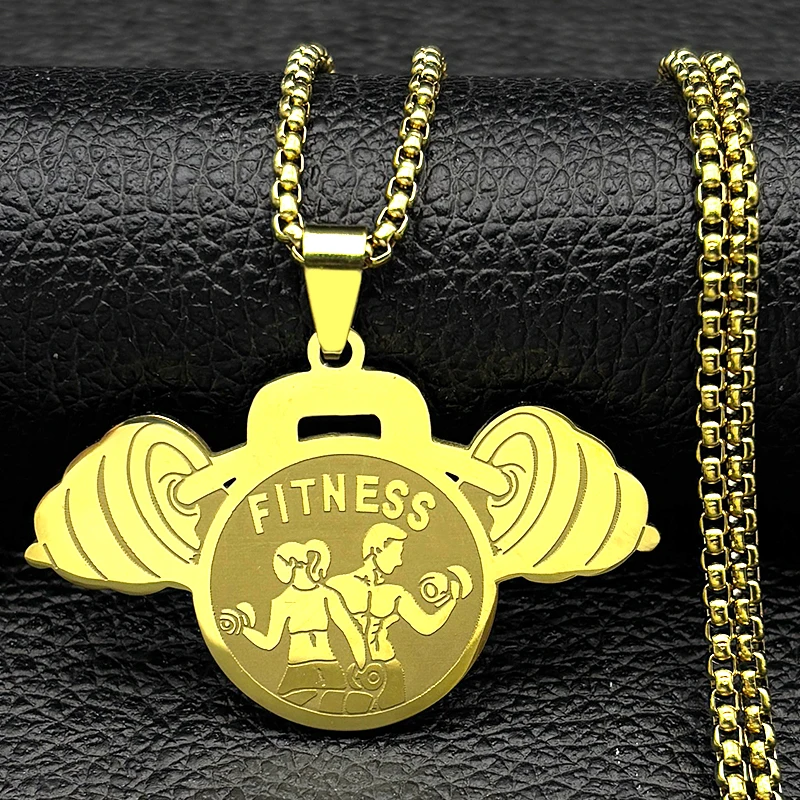 ยก Dumbbells ผู้ที่ชื่นชอบฟิตเนสสร้อยคอจี้สําหรับหญิงชายสแตนเลสสตีลสีชายสุขภาพกีฬาเครื่องประดับ