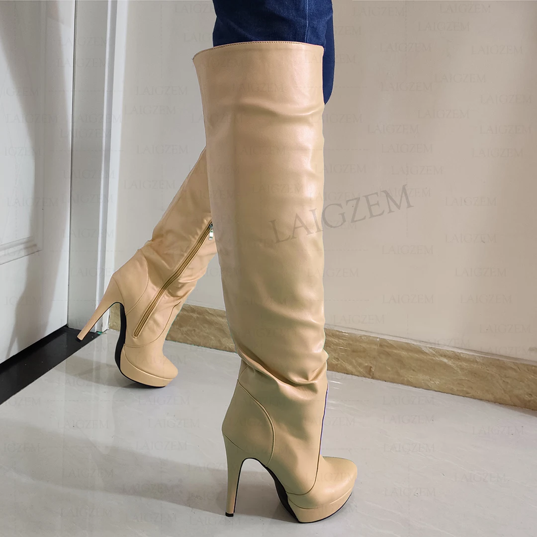 LAIGZEM Women Over Knee High Boots Pleated Side Zip Faux Leather Slim High Heels Boots Handmade Shoes Woman Big Size 41 42 47 52