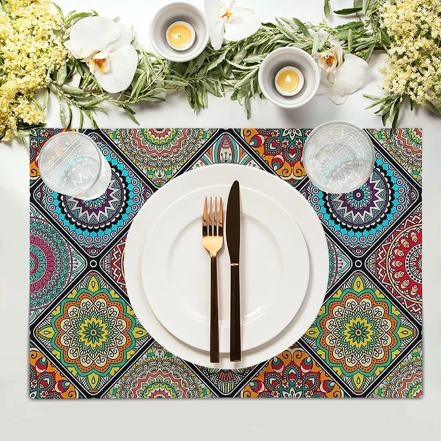 Boho Mandala Placemats Mexican Ethnic Traditional Pattern with Geometric Plaids Bohemian Flower Washable Linen Table Place Mats