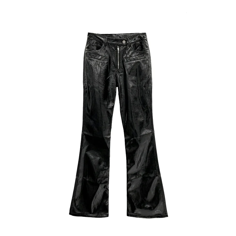 24ss New In Rick Women\'s Pants Black Coated Glossy Zipper Design Flared Owens Leather Pants Skinny High Waist Casual RO Trousers