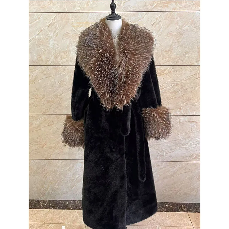 New Faux Fox Fur Women Thick Warm Long Coat Turn Down Collar Maxi Warm Jackets Thick Elegant Coat Belt Belt Outerwear Autumn Win