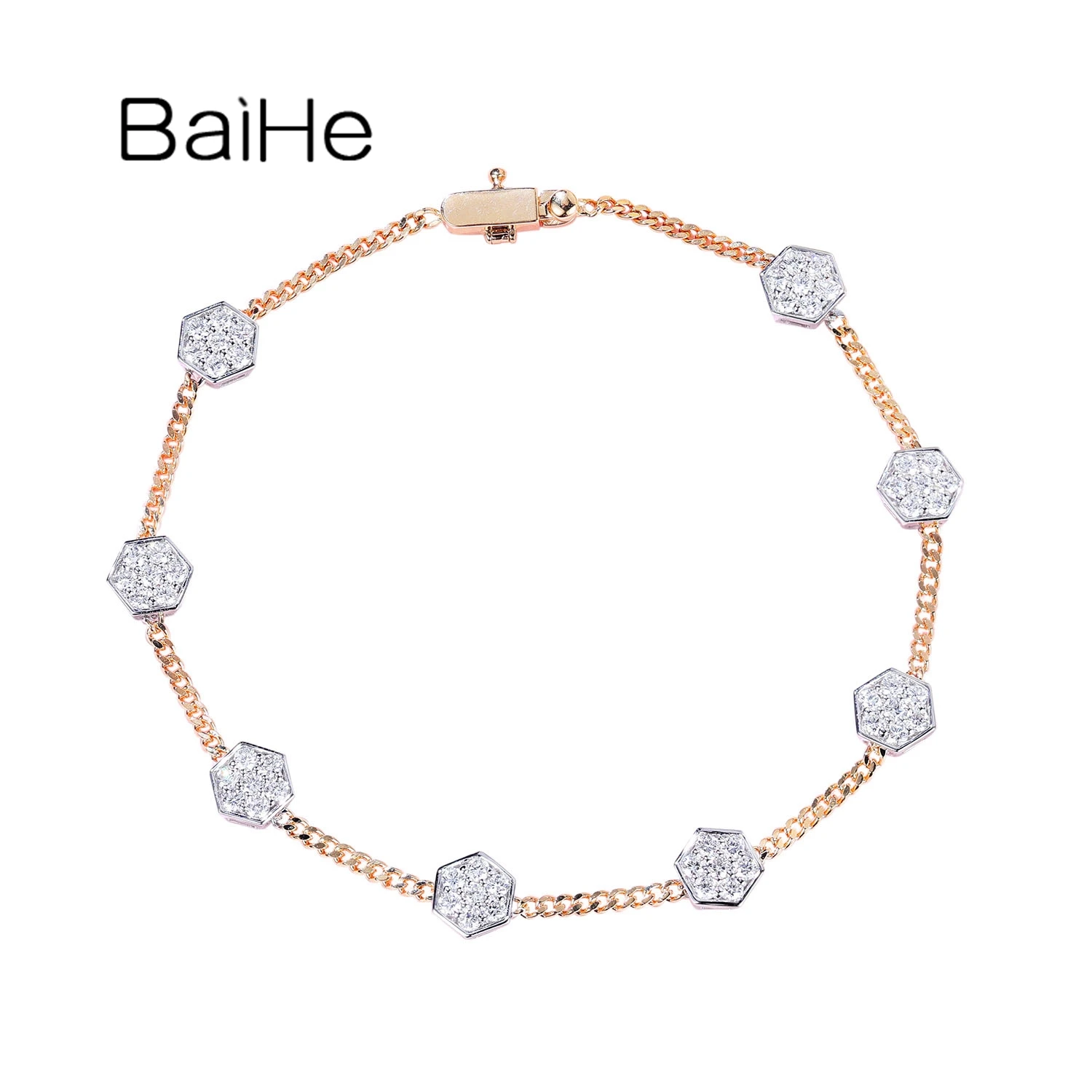 BAIHE Solid 18K White Yellow Gold 0.85ct H/SI Natural Diamond Hexagon Bracelet Women Trendy Engagement Wedding Fine Jewelry