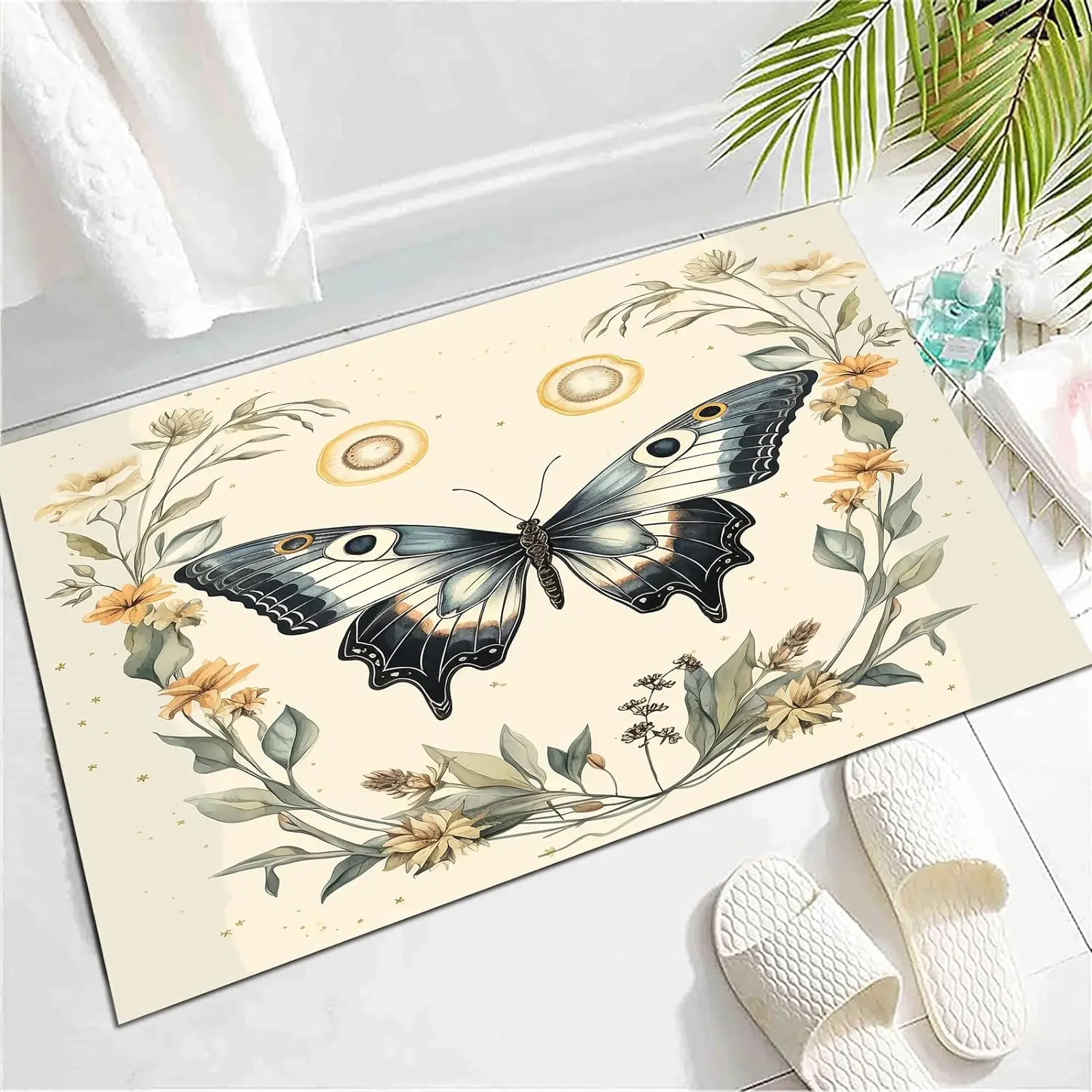 Wild Flying Animal Butterfly Carpet Spring Garden Plant Floral Area Rug for Girls Women Bedside Sofa, Botanical Flower Floor Mat