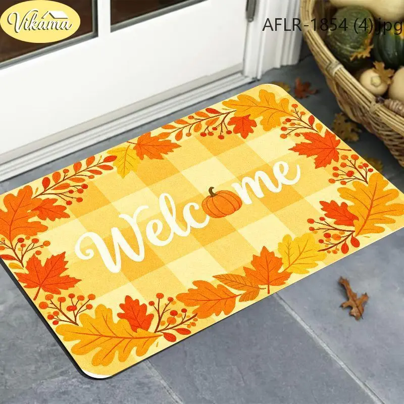 VIKAMA Fall Welcome Doormat Vibrant Green Orange Plaid Maple Leaves Pumpkin Autumn Entryway Rug Front Porch Home Decor