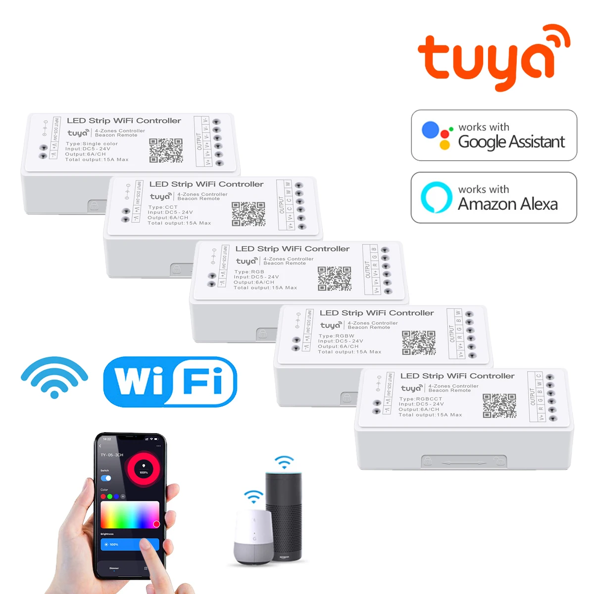 12V-24V Smart Tuya WiFi LED Controller Dimmer Single Color/CCT/RGB/RGBW/RGBCCT LED Strip Controller APP Control for Alexa Google