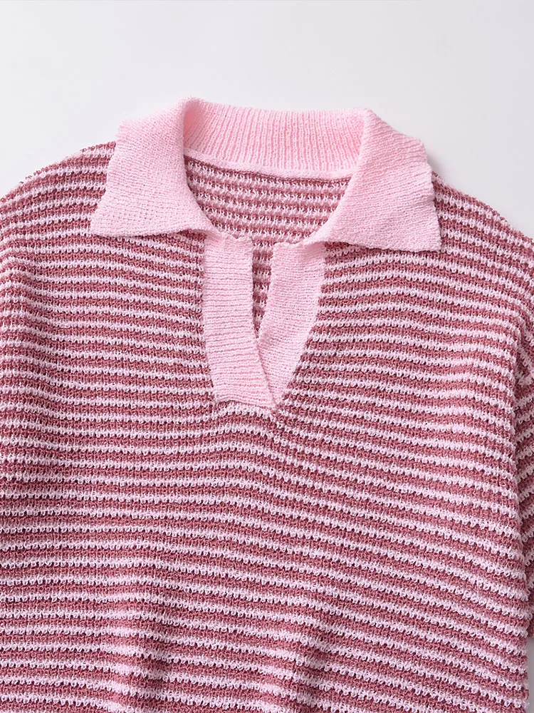2024 European and American women\'s clothing new loose casual temperament striped lace-up knitted POLO collar top shorts suit