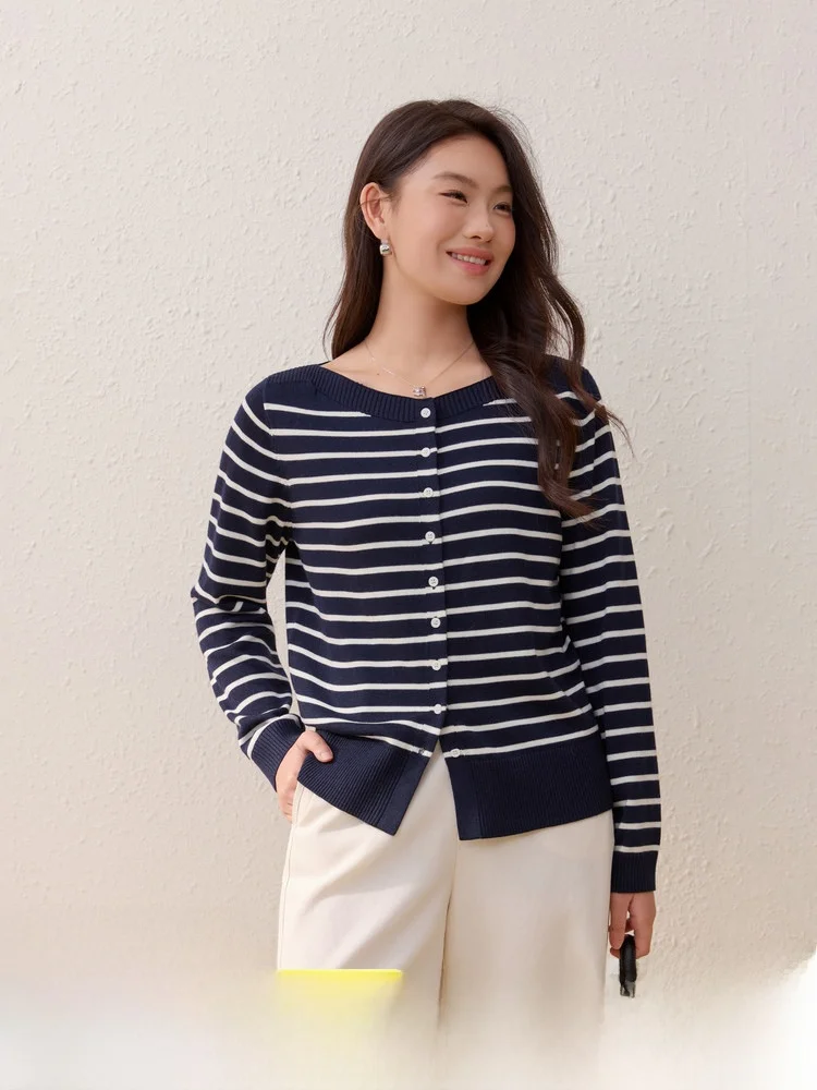 

Женский вязаный кардиган Slim Fit с длинными рукавами, больших размеров, повседневный, мягкий, в полоску, универсальный, тонкий трикотаж, новинка весны